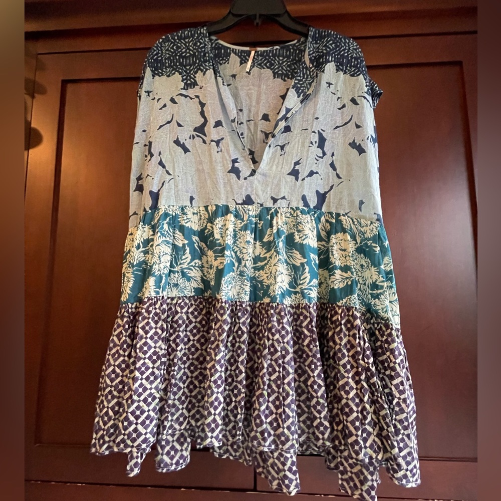 NWT, Free People “Gotta Have You” Tiered Tunic, Blue and Purple, Small